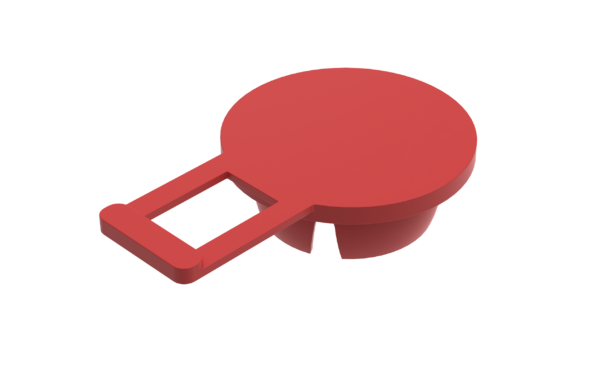 red plastics plug with a flexible pull tab